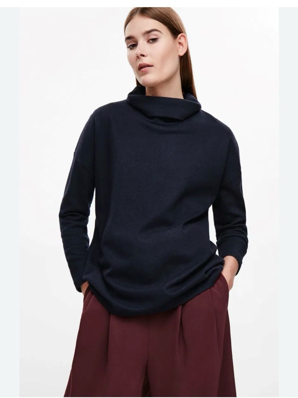 COS Oversize Merino Blend Roll Neck Long Sleeve Turtleneck Sweater Navy